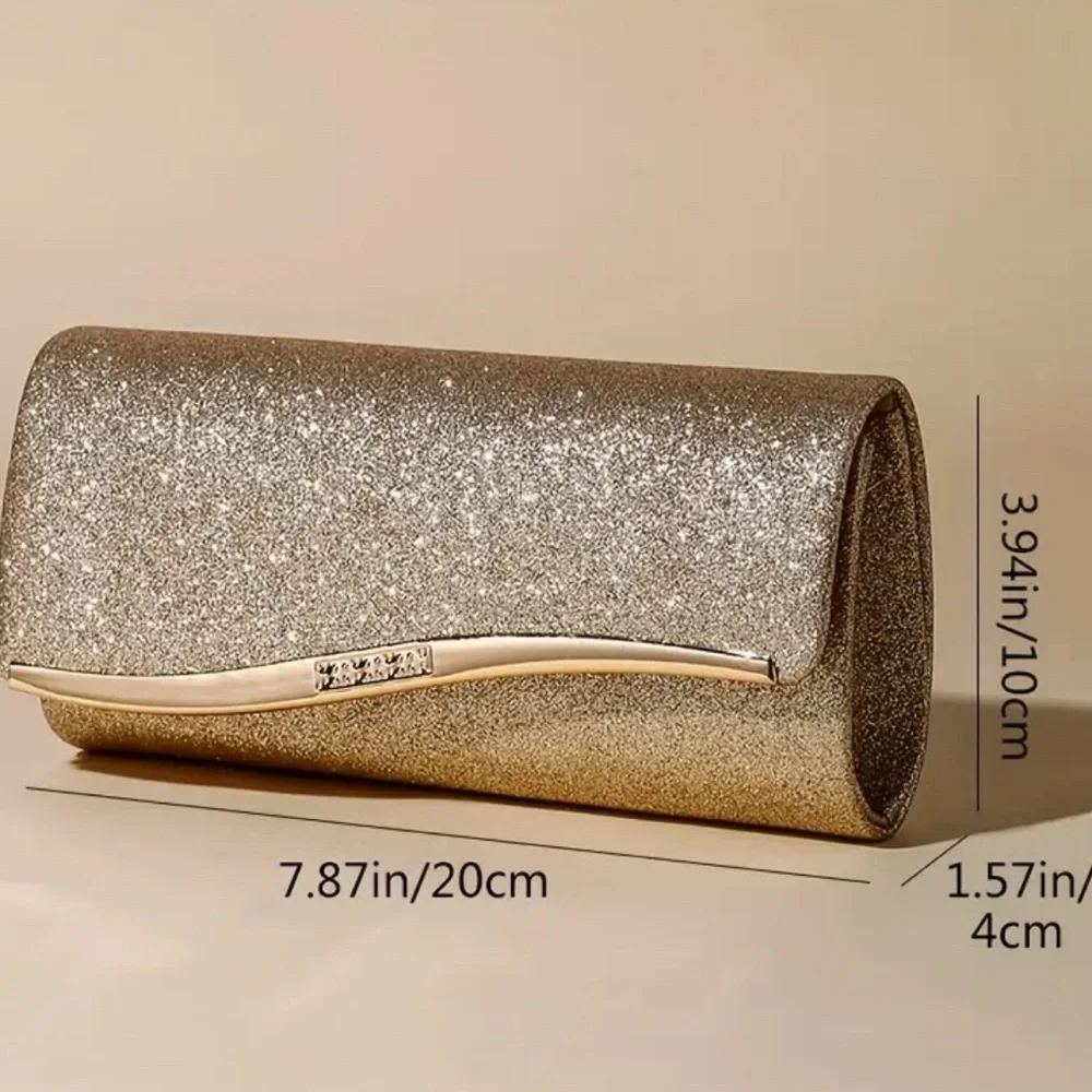 Golden Glitter Evening Clutch Bag, Elegant Small Crossbody with Chain Strap